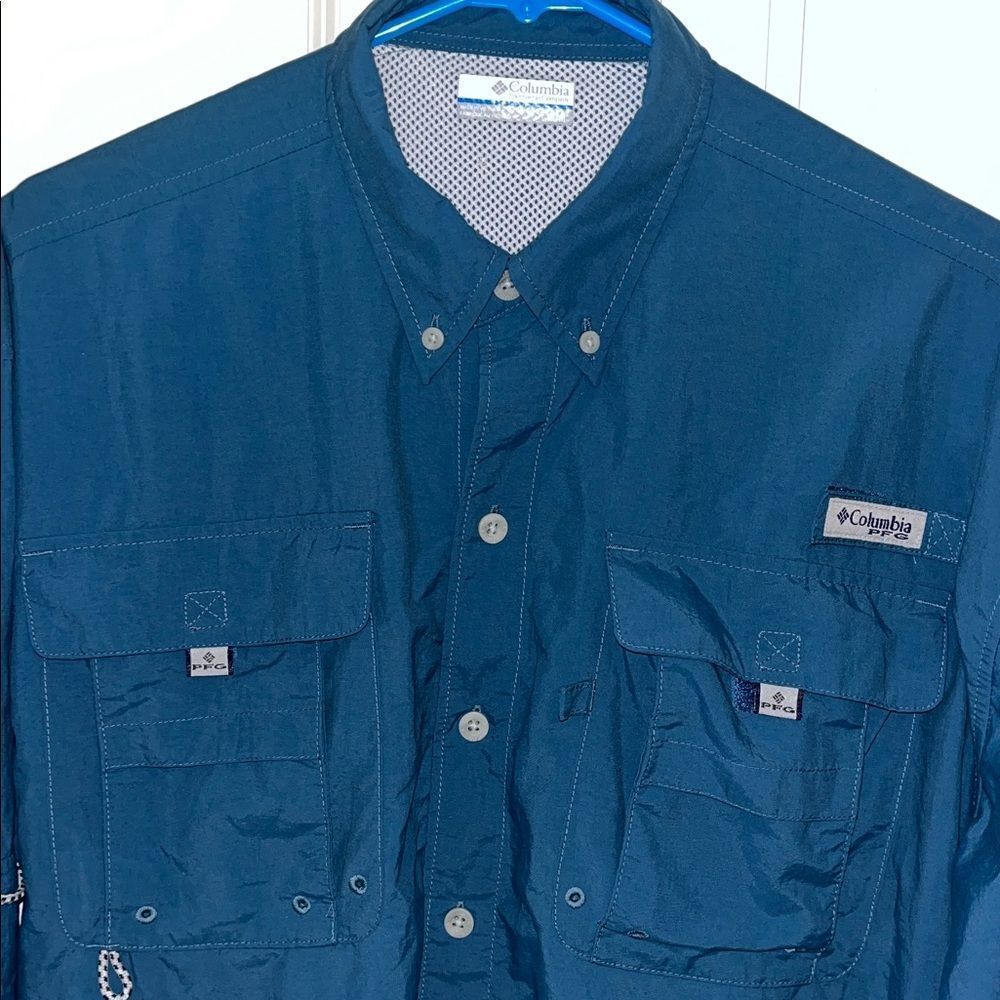 Gray blue Columbia Bonehead Omni Shade LS PFG Fishing shirt Nylon Double Pocket